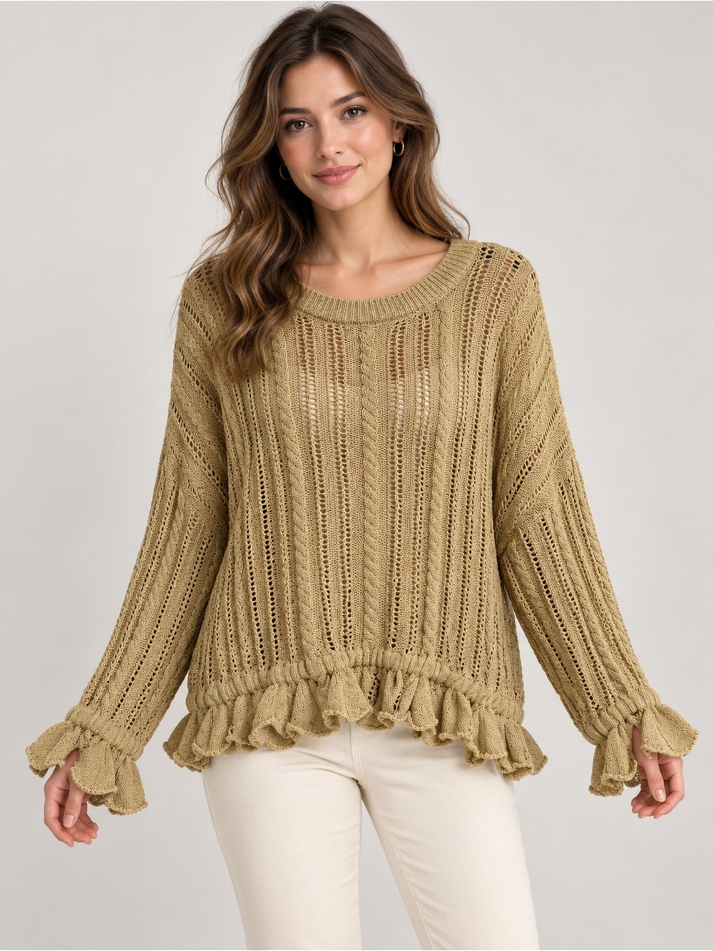 Zara Cream Knit Ruffle Hem Sweater size M